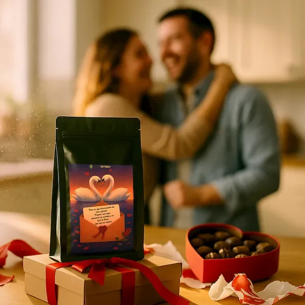 etiqueta-personalizable-pasion-pareja Enamorados con café personalizado