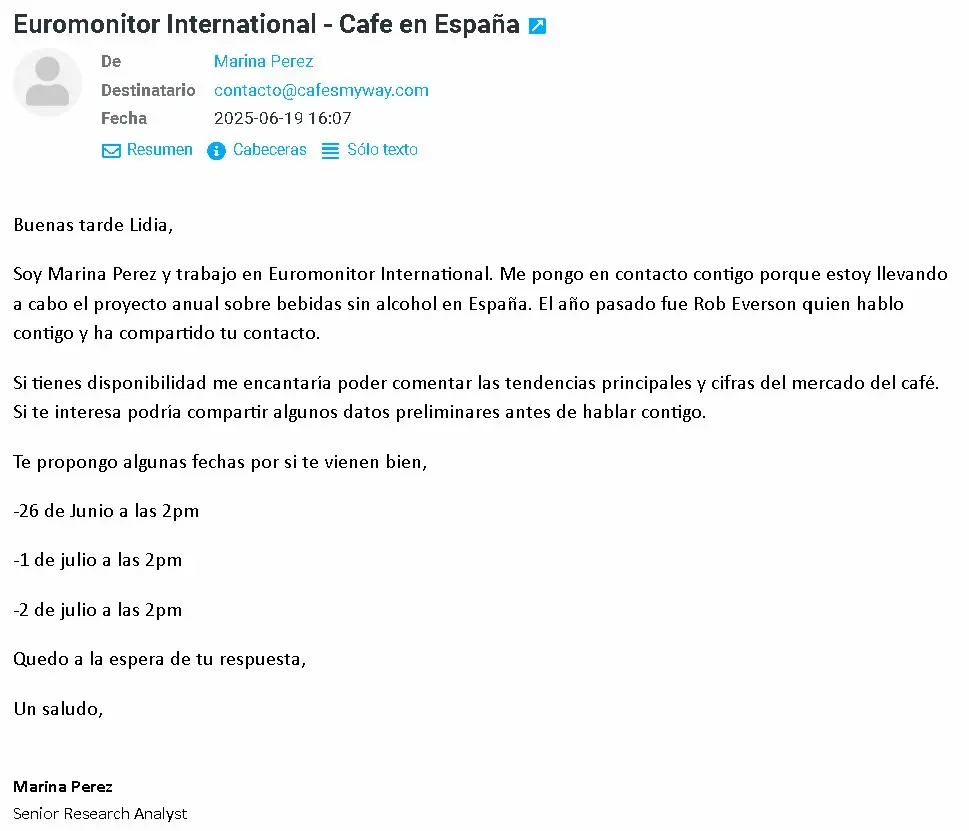 colaboración Cafés MyWay Euromonitor email