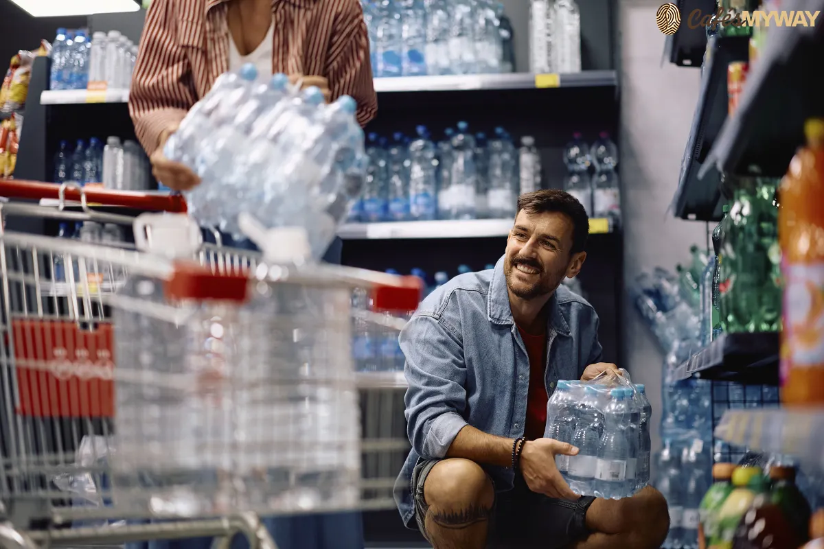Eligiendo agua embotellada para cafe
