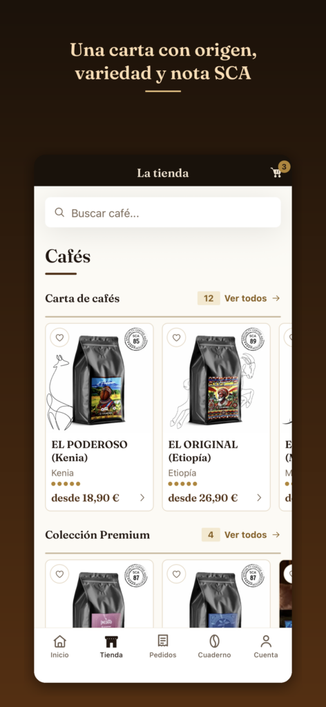 La carta de cafés en la app, con origen y puntuación SCA