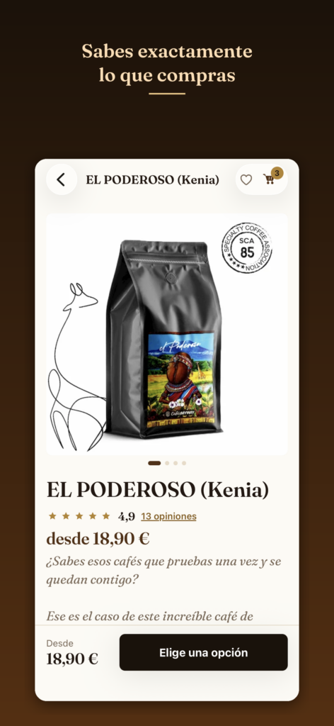Ficha de un café en la app, con su origen, variedad y notas de cata